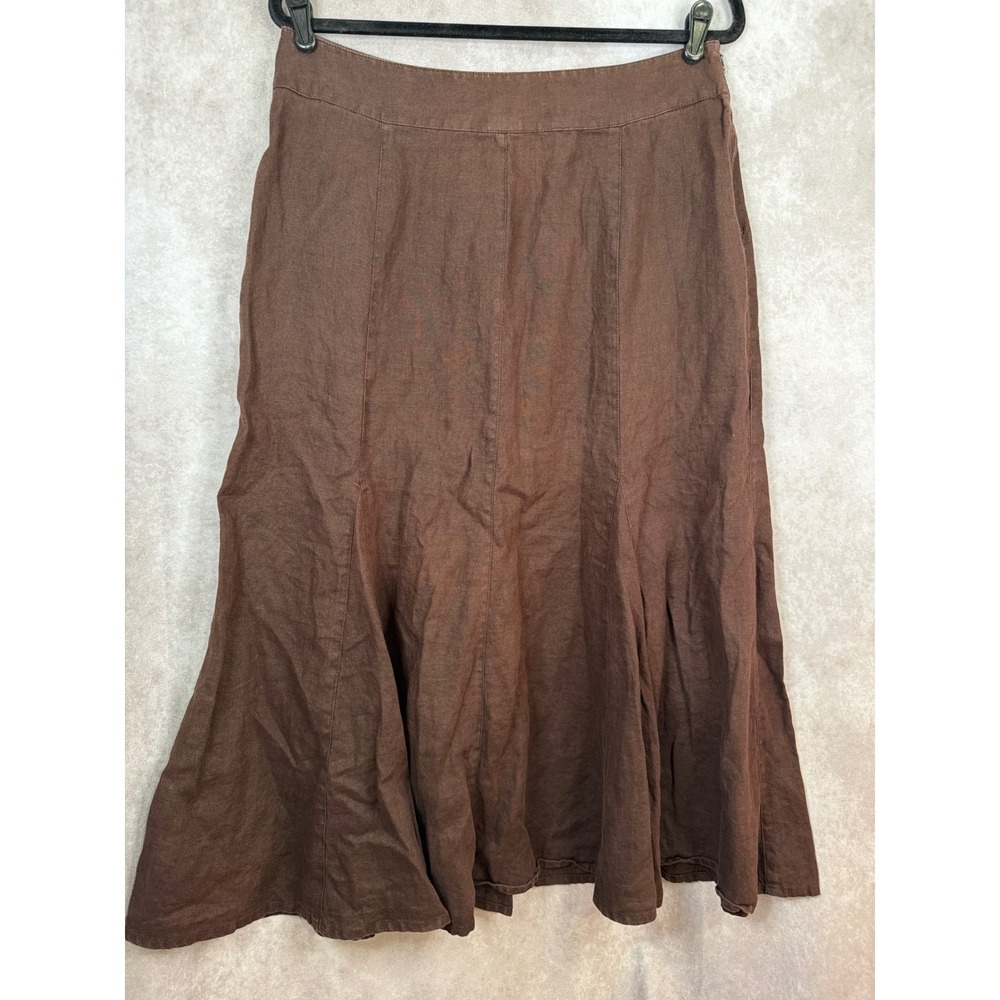 JM Collection Skirt Womens 12 Brown 100% Linen Paneled Midi A-Line Flare